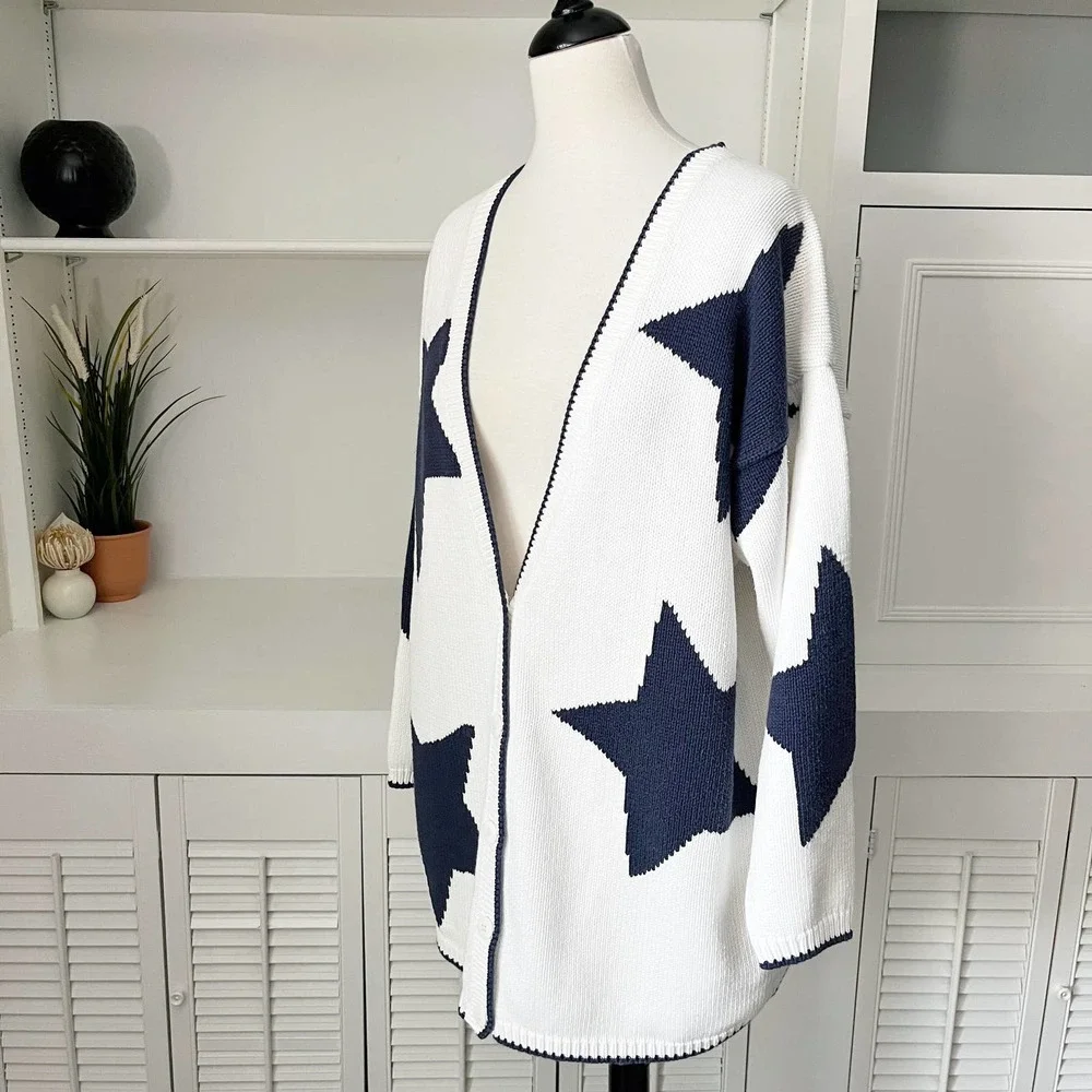 **SOLD**. Adrienne Vittadini Navy and White Star Sweater - Picture 2 of 7